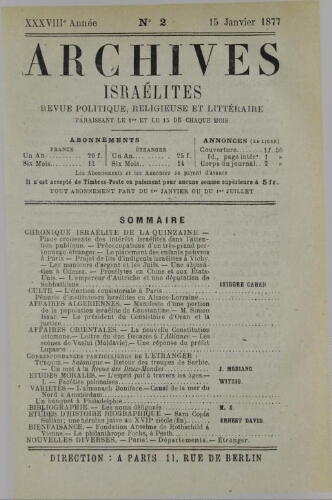 Archives israélites de France. Vol.38 N°02 (15 janv. 1877)
